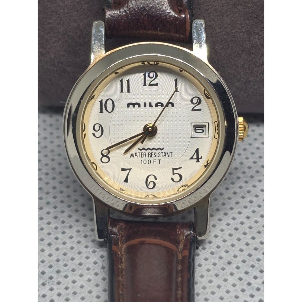 Milan MLN788 Two Tone Ladies Watch Easy Read White Dial Date Brown Leather Strap